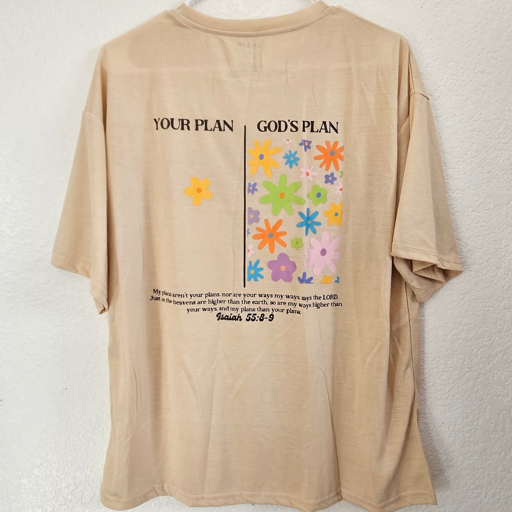 Gods Plan Tan Graphic‎ T-Shirt Isaiah 55:8-9 Floral Back Print Small
